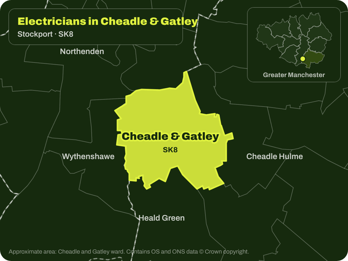 Map of Cheadle and Gatley (SK8) in Stockport showing the area covered by electricians, next to Heald Green, Cheadle Hulme, Didsbury, Northenden and Wythenshawe