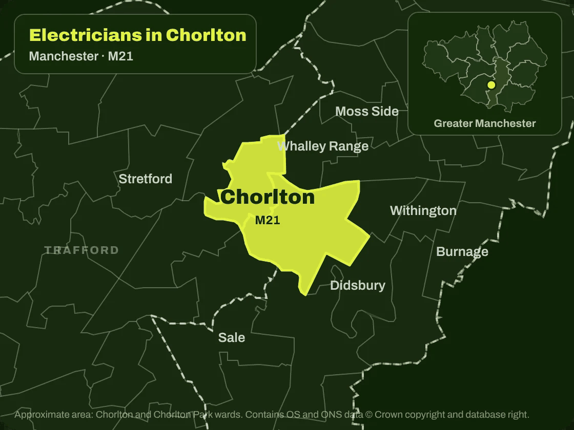 Map of Chorlton (M21) in south Manchester showing the area covered by electricians in Chorlton, next to Whalley Range, Stretford, Withington, Didsbury and Sale