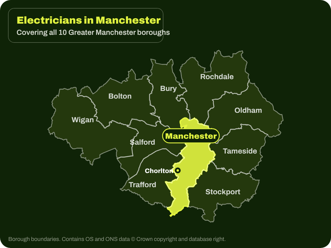 Map of Greater Manchester showing the areas covered by electricians in Manchester: the City of Manchester highlighted, with Salford, Trafford, Stockport, Tameside, Oldham, Rochdale, Bury, Bolton and Wigan