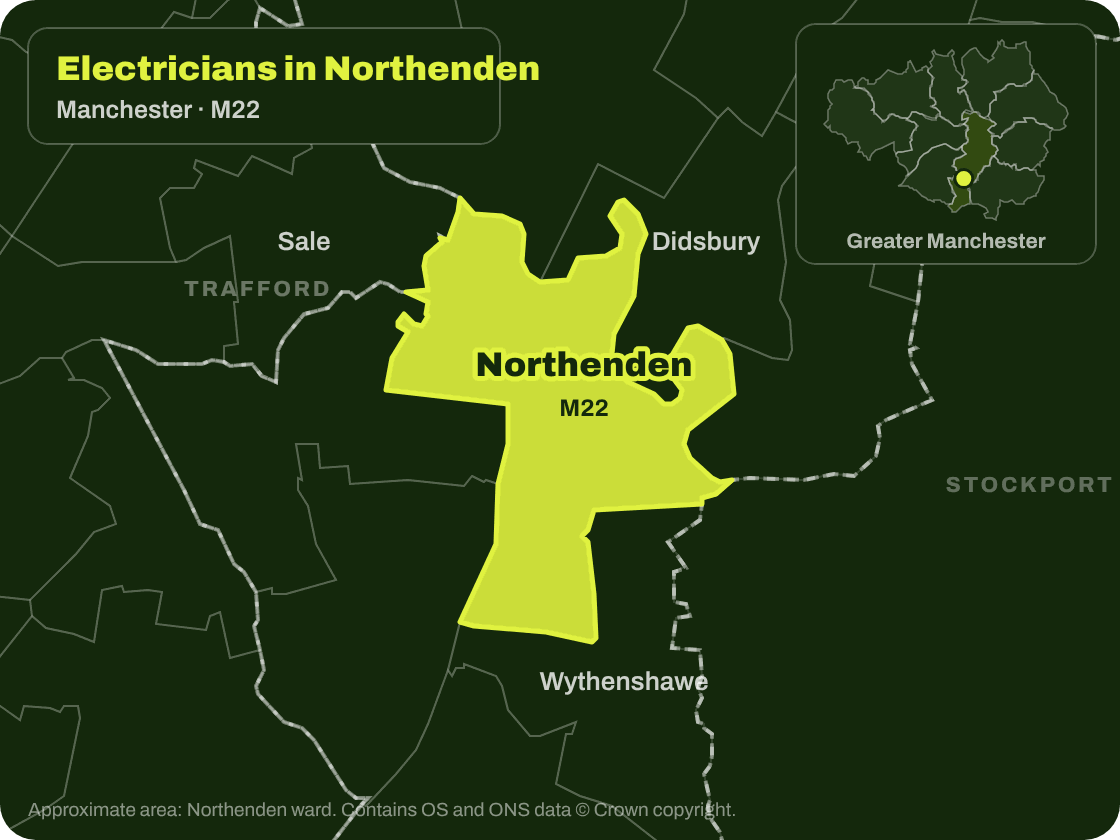 Map of Northenden (M22) in south Manchester on the south bank of the Mersey, showing the area covered by electricians in Northenden, next to Didsbury, Wythenshawe and Sale