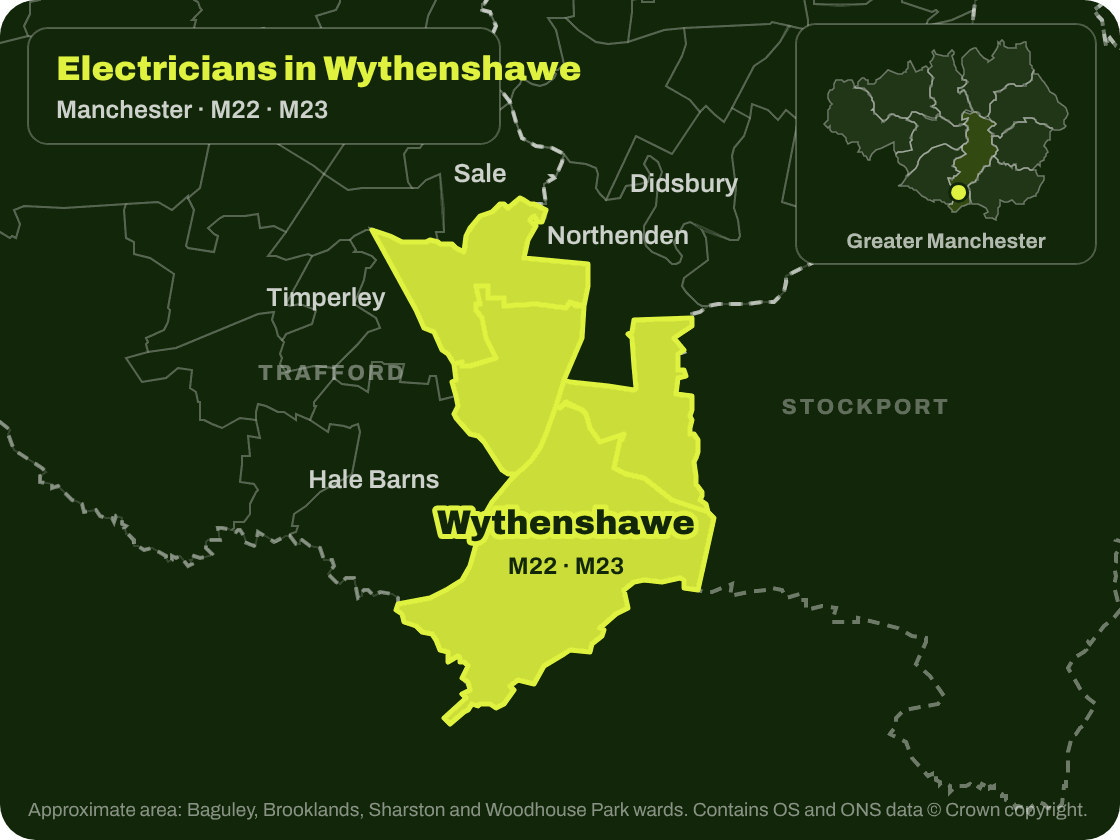 Map of Wythenshawe (M22, M23) in south Manchester showing the area covered by electricians in Wythenshawe, next to Northenden, Sale, Timperley and Hale Barns